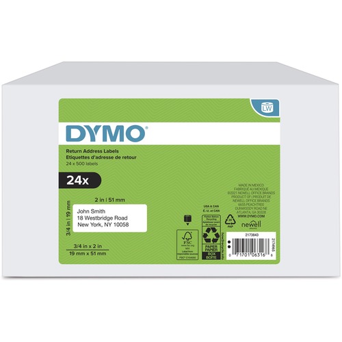 Dymo Return Address Multipurpose Labels - 3/4" Width x 2" Length - White - 500 / Roll - 24 / Box - Self-adhesive