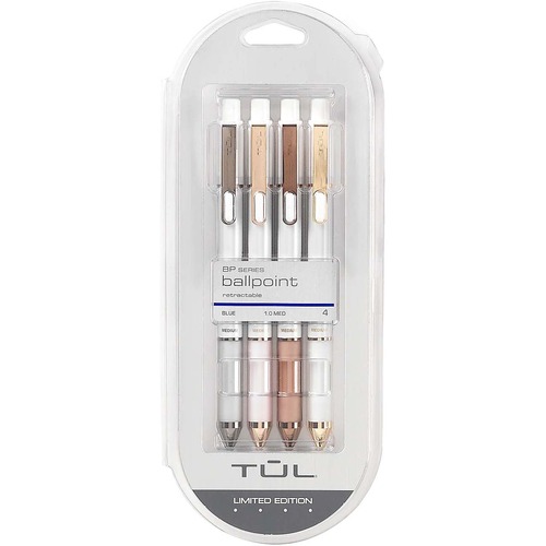 TUL Ballpoint Pen - Medium Pen Point - 1 mm Pen Point Size - Bullet Pen Point Style - Refillable - Retractable - Blue Dye-based Ink - White Plastic Barrel - 4 Pack