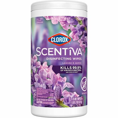 Clorox Scentiva Bleach-Free Disinfecting Wipes - Ready-To-Use Wipe - Tuscan Lavender & Jasmine Scent - 75 / Tub - 1 Each - White