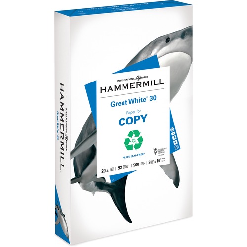 Hammermill Great White Recycled Copy Paper - White - 92 Brightness - Legal - 8 1/2" x 14" - 20 lb Basis Weight - 30 / Pallet - Acid-free, Moisture Resistant, Archival-safe, Jam-free - White