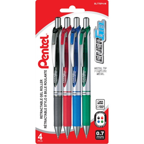 Pentel EnerGel Gel Pen - Fine Pen Point - 0.7 mm Pen Point Size - Refillable - Retractable - Assorted Liquid Gel Ink Ink - Metal Barrel - 4 / Pack