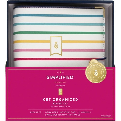 At-A-Glance 2023 Weekly Monthly Organizer Gift Set, Happy Stripe, Desk Size, 5 1/2" x 8 1/2" - Weekly, Monthly - 12 Month - January 2023 - December 2023 - 1 Week, 1 Month Double Page Layout - 5 1/2" x 8 1/2" White Sheet - 7-ring - Bungee Strap - Multicolo