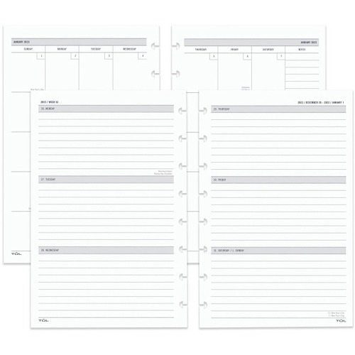TUL® Discbound Weekly/Monthly Refill Pages, Junior Size, January To December 2023 - Junior Size - Weekly, Monthly - 12 Month - January 2023 - December 2023 - 1 Week, 1 Month Double Page Layout - 5" x 8" White Sheet - 8-ring - White - Paper - 8.5" Heig