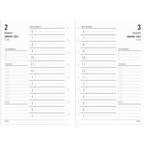 TUL® Discbound Daily Refill Pages, Junior Size, January To December 2023 - Junior Size - Daily - 12 Month - January 2023 - December 2023 - 1 Day Single Page Layout - 5" x 8" White Sheet - 8-ring - White - Paper - 8.5" Height x 5.5" Width - Notes Secti