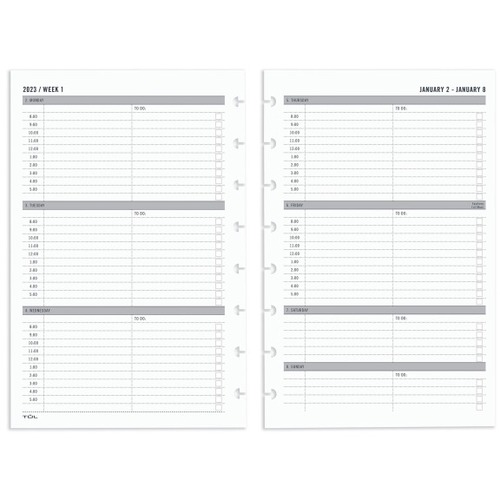 TUL® Discbound Weekly Refill Pages, Timed, Junior Size, January To December 2023 - Junior Size - Weekly - 12 Month - January 2023 - December 2023 - 8:00 AM to 5:00 PM, Hourly - 1 Week Double Page Layout - 5" x 8" White Sheet - 8-ring - White - Paper -