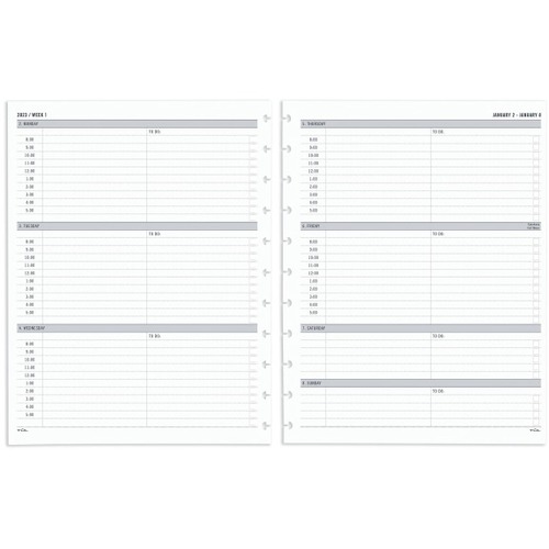 TUL® Discbound Weekly Refill Pages, Timed, Letter Size, January To December 2023 - Weekly - 12 Month - January 2023 - December 2023 - 8:00 AM to 5:00 PM - Hourly - 1 Week Double Page Layout - 8 1/2" x 11" White Sheet - White - Paper - Holiday Listing,