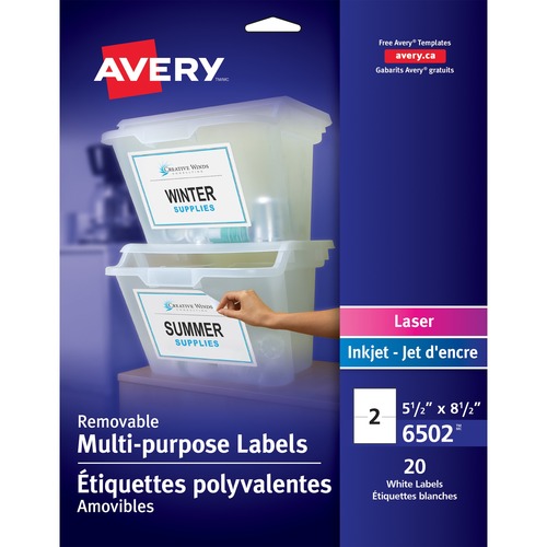 Avery® Multipurpose Label - 8 1/2" Width x 5 1/2" Length - Removable Adhesive - Inkjet, Laser - White - 2 / Sheet - 10 Total Sheets - 20 Total Label(s) - 20 / Pack