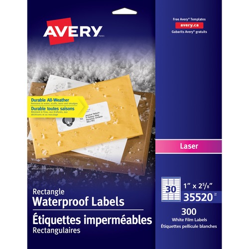 Avery® Multipurpose Label - 2 5/8" Width x 1" Length - Permanent Adhesive - Rectangle - Laser - White - Film - 30 / Sheet - 10 Total Sheets - 300 Total Label(s) - 300 / Pack - Tear Resistant, Chemical Resistant, Smudge Proof, Heat Resistant, Cold Resi - Multipurpose Labels - AVE35520