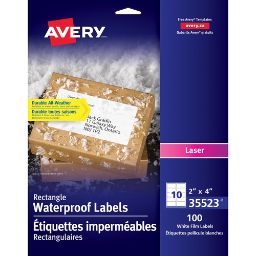 Avery® Multipurpose Label - 4" Width x 2" Length - Permanent Adhesive - Rectangle - Laser - White - Polyester, Film - 10 / Sheet - 100 Total Label(s) - 100 / Pack - Scuff Resistant, Tear Resistant, Smudge Resistant, Chemical Resistant, Heat Resistant, = AVE35523