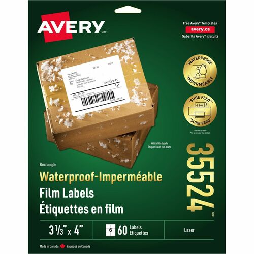 Avery® Multipurpose Label - 3 21/64" Width x 4" Length - Permanent Adhesive - Rectangle - Laser - White - Film - 6 / Sheet - 10 Total Sheets - 60 Total Label(s) - 60 / Pack - Scuff Resistant, Tear Resistant, Chemical Resistant, Heat Resistant, Cold Re