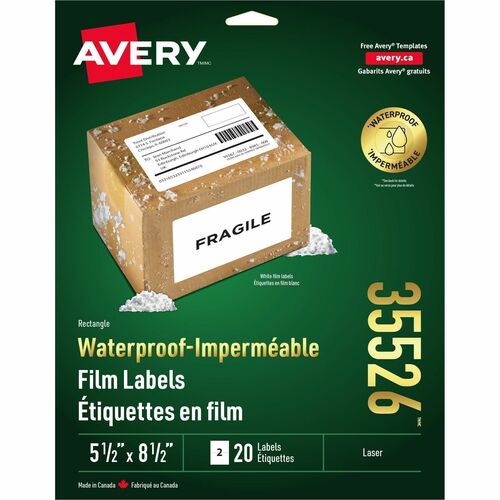Avery® Multipurpose Label - 8 1/2" Width x 5 1/2" Length - Permanent Adhesive - Rectangle - Laser - White - Film - 2 / Sheet - 20 Total Label(s) - 20 / Pack - Water Resistant - Tear Resistant, Scuff Resistant, Smear Resistant, Chemical Resistant, Heat = AVE35526
