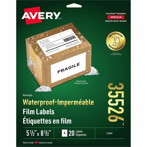 Avery® Multipurpose Label - 8 1/2" Width x 5 1/2" Length - Permanent Adhesive - Rectangle - Laser - White - Film - 2 / Sheet - 20 Total Label(s) - 10 / Sheet - Tear Resistant, Scuff Resistant, Smear Resistant, Chemical Resistant, Heat Resistant, Cold 