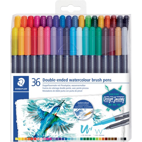 Staedtler 3001 Double-ended Watercolour Brush Pen - Thin, Fine Marker Point - Brush Marker Point Style - Assorted Water Based Ink - 36 / Pack