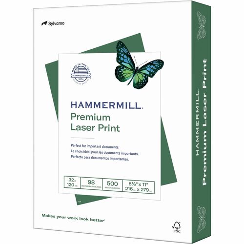 Hammermill Premium Laser Print Paper - White - 98 Brightness - Letter - 8 1/2" x 11" - 32 lb Basis Weight - Ultra Smooth - 500 / Pack - Sustainable Forestry Initiative (SFI) - White = HAM104646