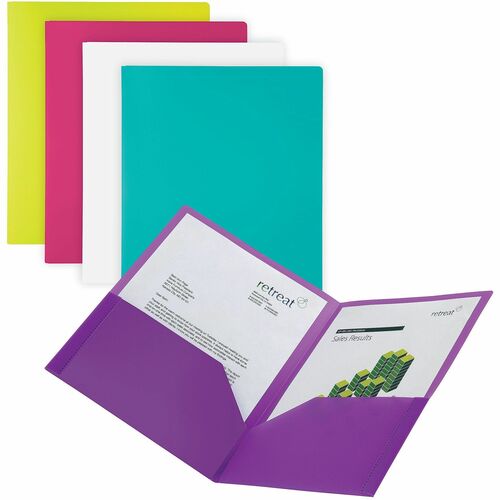 Office Depot® Brand 2-Pocket Poly Fashion Portfolios, 8 1/2" x 11" , Assorted Colors, Pack Of 5 - 8 1/2" x 11" - 100 Sheets Capacity - 2 Pocket(s) - Polypropylene - White, Purple, Teal, Pink, Lime - 5 Pack