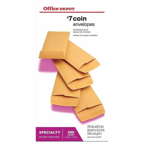 Office Depot® Brand Coin Envelopes, 3-1/2" x 6-1/2" , Gummed Seal, Manila, Box Of 500 - Coin - #7 - 6 1/2" Width x 3 1/2" Length - 28 lb - Gummed - Manila - Manila, Paper - 500 Box