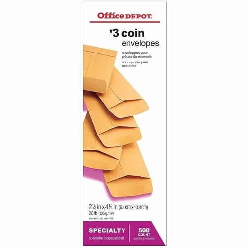 Office Depot® Brand Coin Envelopes, 2-1/2" x 4-1/4" , Gummed Seal, Manila, Box Of 500 - Coin - #1 - 4 1/4" Width x 2 1/2" Length - 28 lb - Gummed - Manila - Manila, Paper - 500 Box