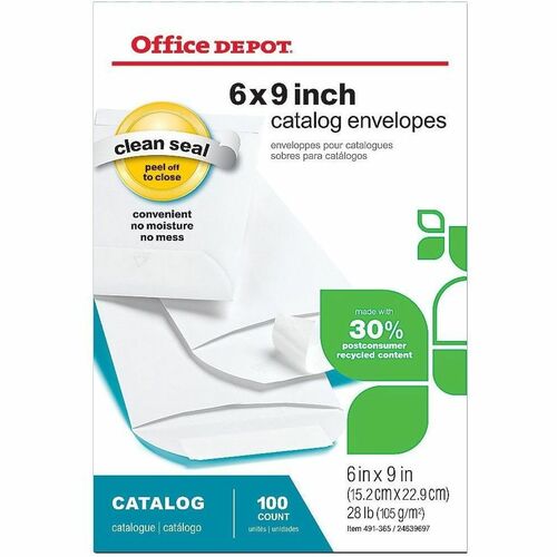 Office Depot® Brand 6" x 9" Catalog Envelopes, Clean Seal, 30% Recycled, White, Box Of 100 - Booklet - 6" Width x 9" Length - 28 lb - Peel & Seal - White - Paper - 100 Box
