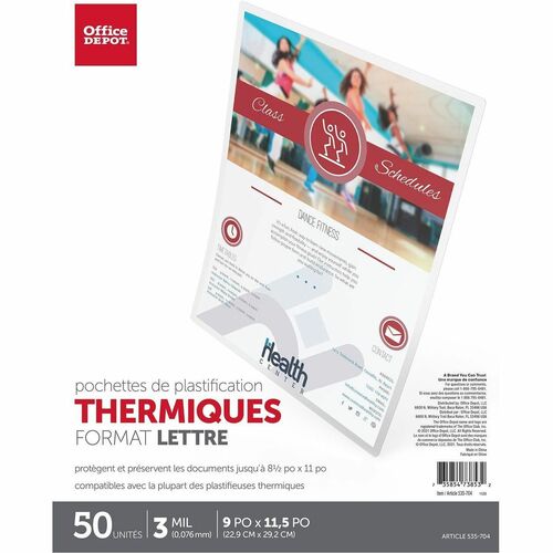 Office Depot® Brand Laminating Pouches, Letter Size, 3 Mil, 9" x 11.5" , Pack Of 50 - Sheet Size Supported: Letter 8.50" Width x 11" Length - Laminating Pouch/Sheet Size: 11.50" Width x 3 mil Thickness - for Laminator - Clear - 50 / Pack
