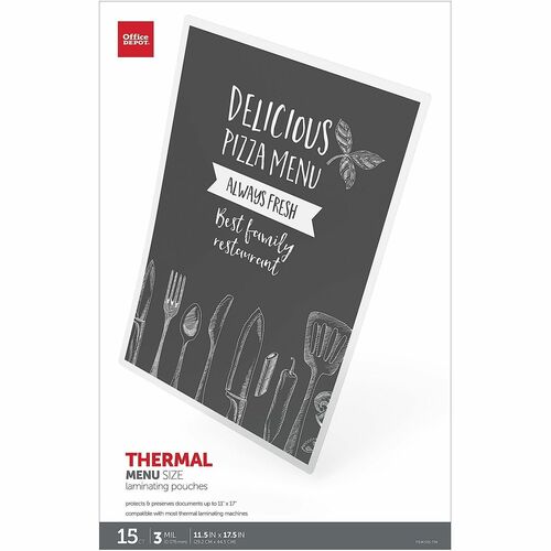Office Depot® Brand Laminating Pouches, Menu Size, 3 Mil, 11-1/2" x 17-1/2" , Pack Of 15 - Sheet Size Supported: Menu - Laminating Pouch/Sheet Size: 11.50" Width x 3 mil Thickness - for Laminator, Document, Photo, Paper, Menu - Easy to Use, Spill Resi