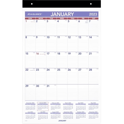 At-A-Glance Calendar - Large Size - Julian Dates - Monthly - 12 Month - January 2023 - December 2023 - 1 Month Single Page Layout - 15 1/2" x 22 3/4" Sheet Size - Desk Pad - White, Red, Blue - Paper - Repositionable, Adhesive Backing, Bleed Resistant Pape