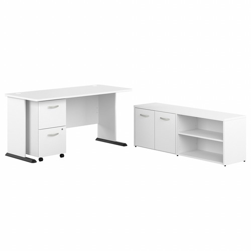 Bush Business Furniture Studio A 60W Computer Desk with Mobile File Cabinet and Low Storage Cabinet - 26.8" x 59.6"29.7" - 2 x File Drawer(s) - 2 Shelve(s) - 1 Adjustable Shelf(ves) - Finish: Thermoplastic Laminate, White