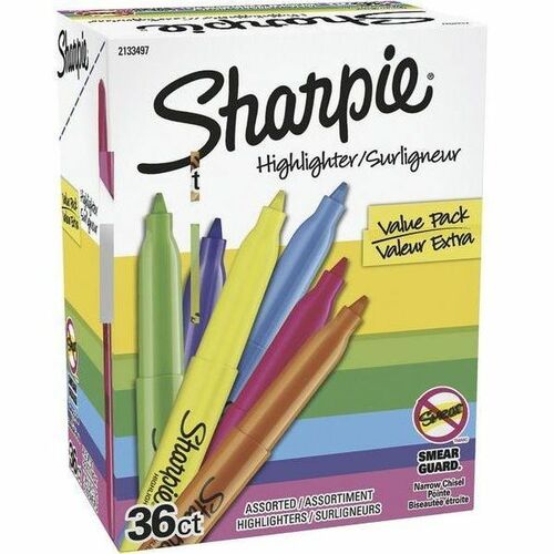 Sharpie Highlighter - Narrow Marker Point - Chisel Marker Point Style - Blue, Green, Orange, Pink, Purple, Yellow - 36 / Box