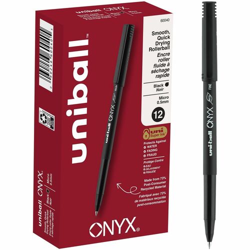 Uni-Ball Onyx, Rollerball Pen - 0.5 mm (0.02") Fine Conical, Micro Pen Point - Black Ink - Liquid - Matte Black Barrel - Metal Tip - 12 / Box