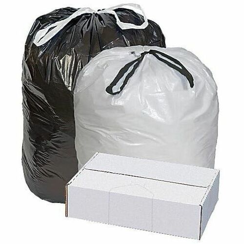 Highmark™ Draw And Tie Can Liners, 0.8 mil, 33 Gallons, 33" x 38" , Black, Box Of 150 - 33 gal Capacity - 38" Width x 0.80 mil (20 Micron) Thickness - Low Density - Drawstring, Tie Closure - Black - Resin - Kitchen - 150 / Pack