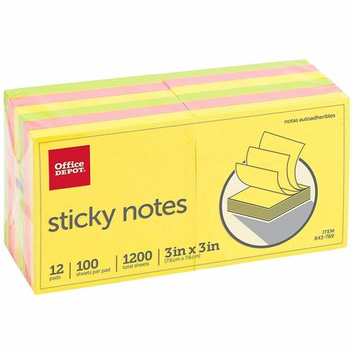 Office Depot® Brand Sticky Notes, 3" x 3" , Assorted Neon Colors, 100 Sheets Per Pad, Pack Of 12 Pads, 21332-BRIGHT - Square - 100 Sheets per Pad - Yellow, Pink, Green - Adhesive, Sticky - 12 / Pack