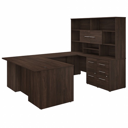 Bush Business Furniture Office 500 Black Walnut Desk - 100.4" x 71"70.1" - 5 x File, Box Drawer(s) - Finish: Black Walnut, Thermofused Laminate (TFL)