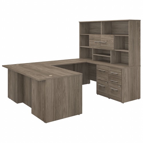 Bush Business Furniture Office 500 Collection Desk - 100.4" x 71"70.1" - 5 x File, Box Drawer(s) - Finish: Modern Hickory, Thermofused Laminate (TFL)