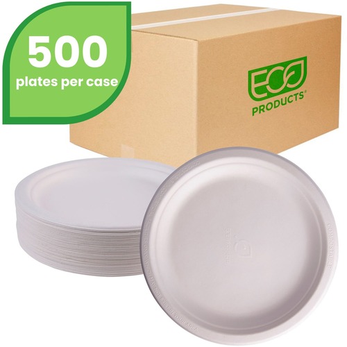 Eco-Products Vanguard 9" Sugarcane Plates - Breakroom - Disposable - Microwave Safe - 9" Diameter - White - Sugarcane Fiber Body - 500 / Carton