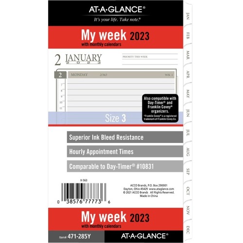 ACCO Planner Refill - Weekly, Monthly - 12 Month - January 2023 - December 2023 - 7:00 AM to 6:00 PM - 1 Week, 1 Month Double Page Layout - 3 3/4" x 6 3/4" White Sheet - 6-ring - White - Paper - Ruled, Notes Area, Tabbed, Flip Style, Pre-punched - 1 Each