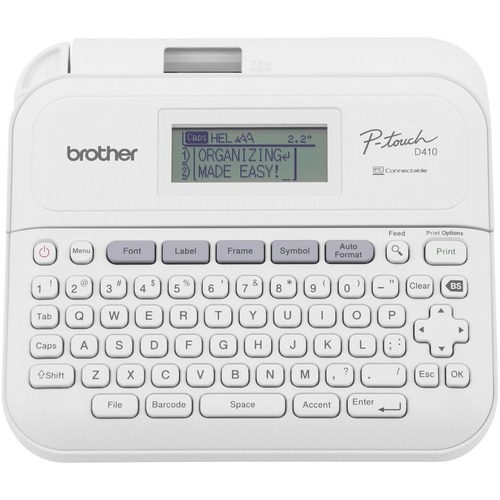 P-touch P-touch Connected Label Maker with Case PTD410VP - Thermal Transfer - 0.79 in/s Mono - 15 Fonts - 7 Font Size - 13 Text Style - 180 dpi - Label, Tape - 0.14" , 0.24" , 0.35" , 0.47" , 0.71" - LCD Screen - Battery, Power Adapter - 6 Batteries Suppo