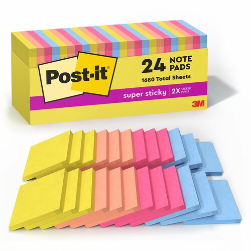 Post-it® Super Sticky Notes - 3" x 3" - Square - 70 Sheets per Pad - Summer Joy - Recyclable, Self-adhesive - 24 / Pack
