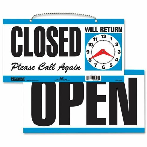 Headline Signs OPEN/CLOSED 2-sided Sign - 1 Each - Open/Closed/Please Call Again/Will Return Print/Message - 11.5" Width6" Depth - Rectangular Shape - Double Sided - Customizable Time - Plastic - White, Blue