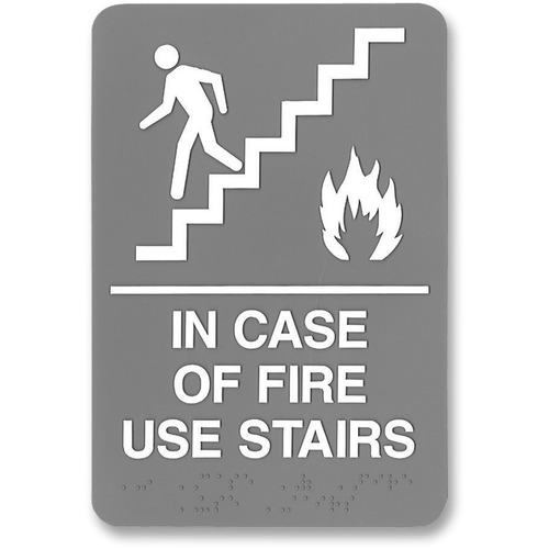 Headline Signs ADA IN CASE OF FIRE USE STAIRS Sign - Print/Message "IN CASE OF FIRE USE STAIRS" - 6" Width x 9" Depth - Rectangular Shape - Self-adhesive, Braille, Adhesive Backing, Pictogram, Durable - Plastic - Gray, White - 1 Each