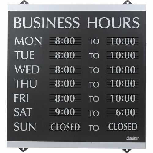 Headline Signs Business Hours Sign - 1 Each - Business Hours Print/Message - 14" Width13" Depth - Heavy Duty, Durable - Plastic - Black, Gray