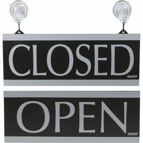 Headline Signs Century Series OPEN/CLOSED Sign - 1 Each - Open/Closed Print/Message - 13" Width5" Depth - Silver Print/Message Color - Double Sided - Reversible, Suction Cup - Gray