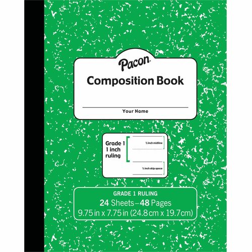 Pacon Composition Book - 24 Sheets - 48 Pages - 9.8" Width x 7.5" Depth - Green Marble Cover - Durable Cover, Soft Cover, Recyclable - 1 Each