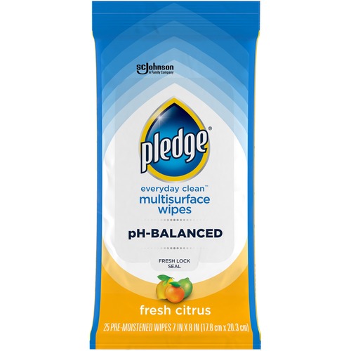Pledge PH Balanced Multisurface Cleaner Wipes - Fresh Citrus Scent - 25 / Pack - 1 Each - pH Balanced, Streak-free, Residue-free - Blue