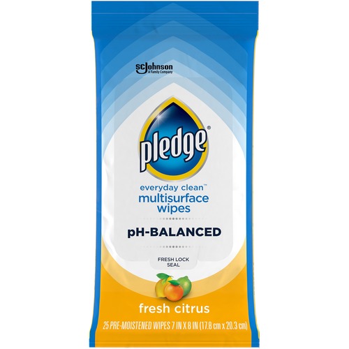 Pledge pH Balanced Multisurface Wipes - Fresh Citrus Scent - 25 / Pack - 1 Each - pH Balanced, Streak-free, Residue-free - Blue