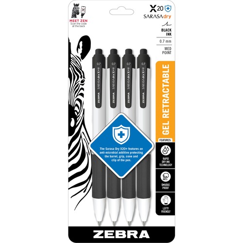 Zebra SARASA dry X20+ Retractable Gel Pen - Medium Pen Point - 0.7 mm Pen Point Size - Retractable - Black Gel-based Ink - Plastic Barrel - 4 / Pack