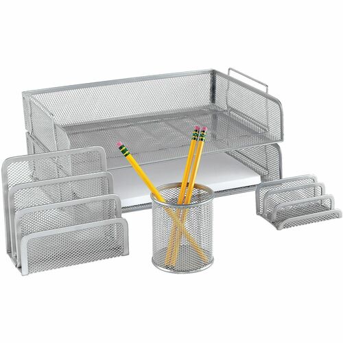 Brenton Studio® Silver Mesh Desk Accessory Set - Fabric, Metal - Silver - 1 Set