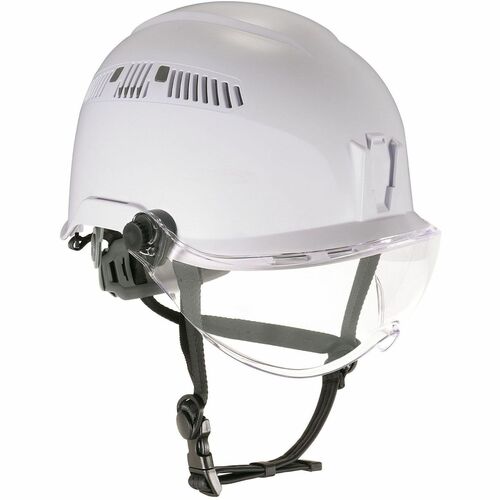 Ergodyne Skullerz 8975V Type 1 Safety Helmet - Recommended for: Construction, Utility, Oil & Gas, Forestry, Mining, General Purpose - Fog, Impact, Visibility, Ultraviolet, Head, UVA, UVB, UVC, Eye, Sun Protection - White - Clear Lens - Visor, Adjustable, 