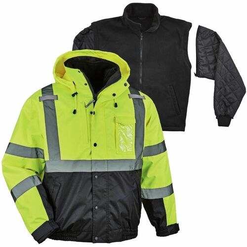 Ergodyne 8381 Hi-Vis 4-in-1 Thermal Bomber Jacket - Recommended for: Construction, Transportation, Baggage Handling, Outdoor, Snowmobiling, Hiking - Medium - Wind, Water, Cold Temperature Protection - Snap/Zipper Closure - 6 Pocket(s) - 300D Polyester, Fl