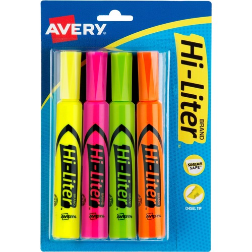 Avery® Desk-Style, Assorted Colors, 4 Count (24063) - Chisel Marker Point Style - Fluorescent Yellow, Fluorescent Pink, Fluorescent Orange, Fluorescent Green Water Based Ink - Fluorescent Green, Fluorescent Orange, Fluorescent Pink, Fluorescent Yellow