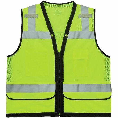 Ergodyne 8253HDZ Heavy-Duty Mesh Surveyors Vest - Recommended for: Construction, Baggage Handling - Small/Medium - Visibility Protection - Zipper Closure - 6 Pocket(s) - Polyester Mesh, Mesh Fabric - Lime - Heavy Duty, High Visibility, Reflective Band, Li