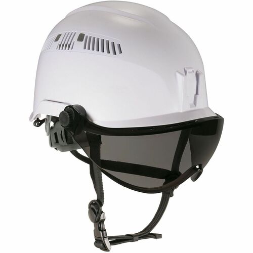 Ergodyne Skullerz 8975V Type 1 Safety Helmet - Recommended for: Construction, Utility, Oil & Gas, Forestry, Mining, General Purpose - Fog, Impact, Visibility, Ultraviolet, Head, UVA, UVB, UVC, Eye, Sun Protection - White - Smoke Lens - Visor, Adjustable, 